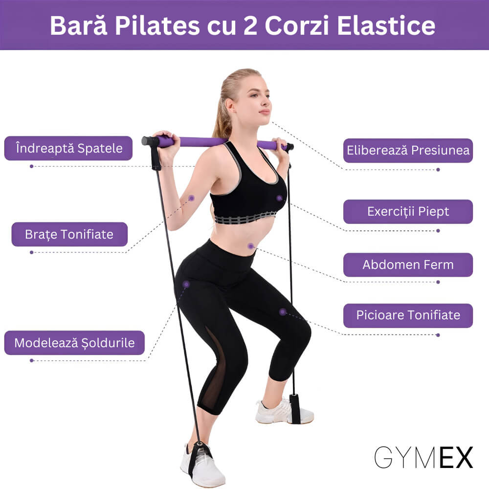 Bara pilates cu 2 corzi elastice GYMEX - Poza 2