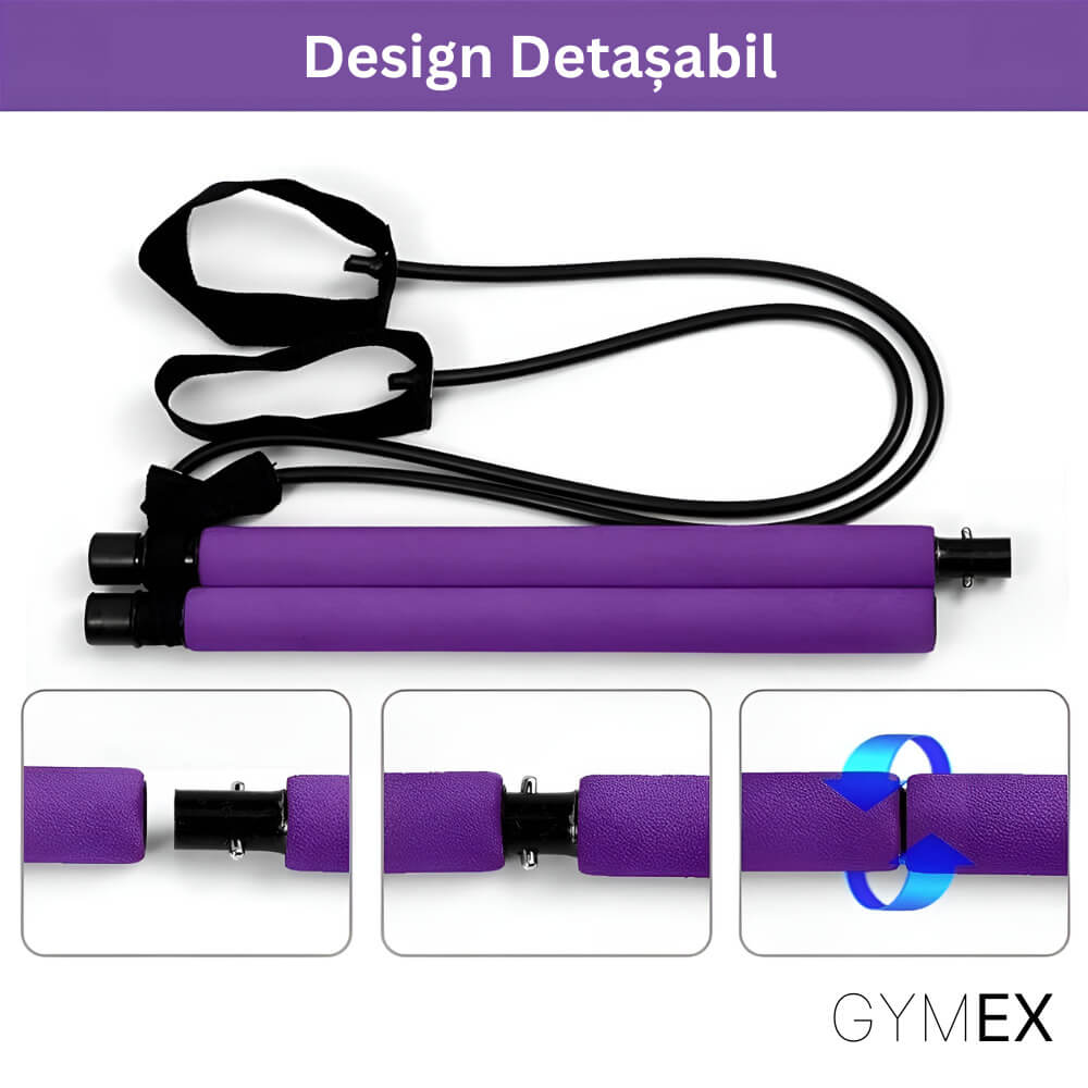 Bara pilates cu 2 corzi elastice GYMEX - Poza 3